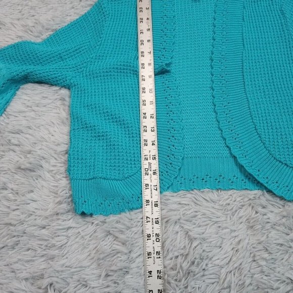Notations Womens Sweater Cardigan Blue Teal PM Open Front Cropped Crotchet - Picture 6 of 8
